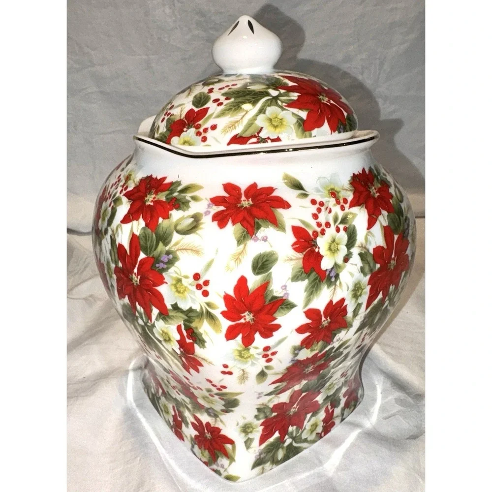 Grace Teaware Poinsettia HTF Ginger Jar Canister Red 8